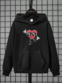 SHEIN Tween Boy Heart Print Kangaroo Pocket Drop Shoulder Sweatshirt - Black - View 2