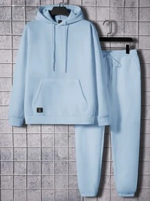 Manfinity RebelGame Men Letter Patched Kangaroo Pocket Drawstring Hoodie & Sweatpants - Baby Blue - View 1