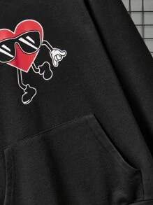 SHEIN Tween Boy Heart Print Kangaroo Pocket Drop Shoulder Sweatshirt - Black - View 5