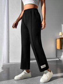 SHEIN PETITE Letter Patched Detail Elastic Waist Summer Black Pants - Black - View 1