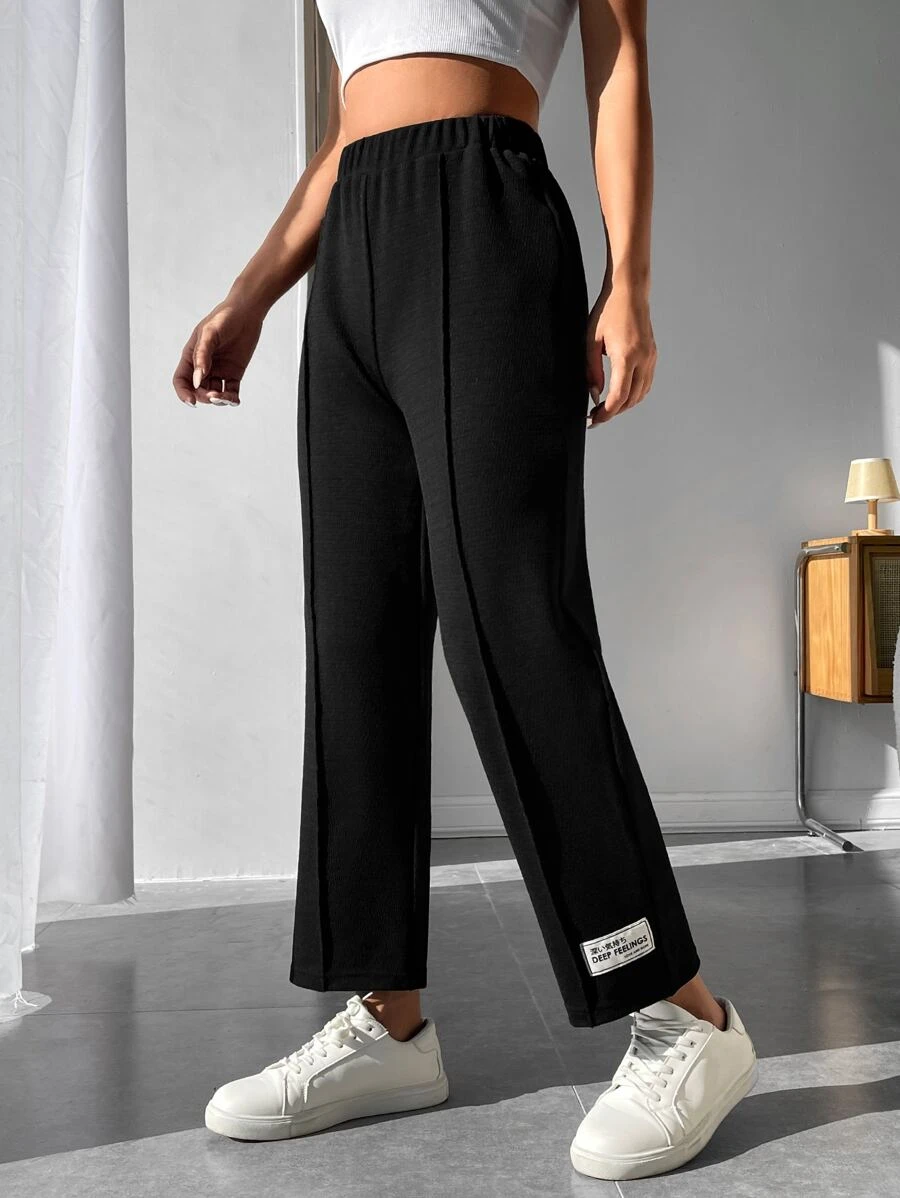 SHEIN PETITE Letter Patched Detail Elastic Waist Summer Black Pants - Black - View 1
