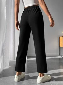 SHEIN PETITE Letter Patched Detail Elastic Waist Summer Black Pants - Black - View 2