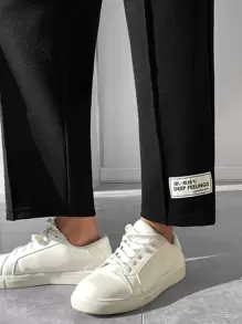 SHEIN PETITE Letter Patched Detail Elastic Waist Summer Black Pants - Black - View 3