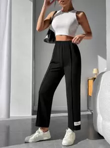 SHEIN PETITE Letter Patched Detail Elastic Waist Summer Black Pants - Black - View 4