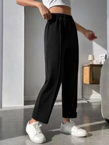 SHEIN PETITE Letter Patched Detail Elastic Waist Summer Black Pants - Black - View 5
