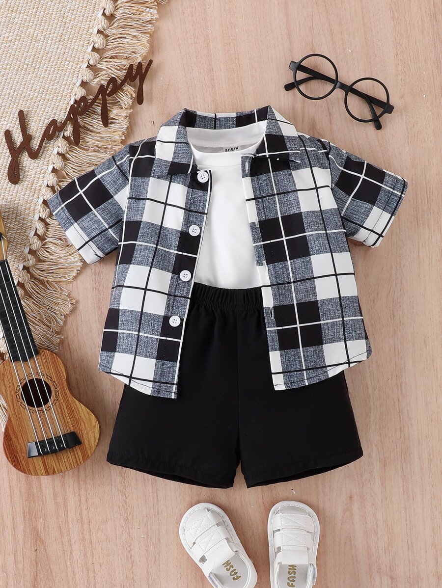 Baby Plaid Print Shirt & Shorts With Tee - Black and White - View 1