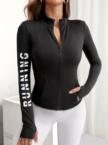 Letter Graphic Thumbholes Kangaroo Pocket Zip Up Sports Jacket - Black - View 1