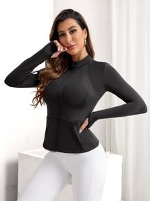 Letter Graphic Thumbholes Kangaroo Pocket Zip Up Sports Jacket - Black - View 3