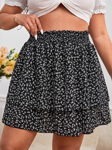 SHEIN VCAY 大碼碎花紙袋腰褶邊半身裙 - 黑色 - 查看 1