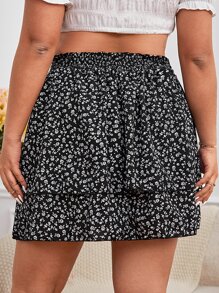 SHEIN VCAY 大碼碎花紙袋腰褶邊半身裙 - 黑色 - 查看 2