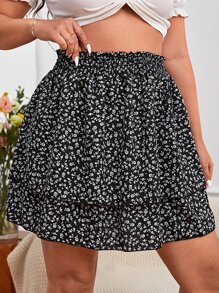 SHEIN VCAY 大碼碎花紙袋腰褶邊半身裙 - 黑色 - 查看 3