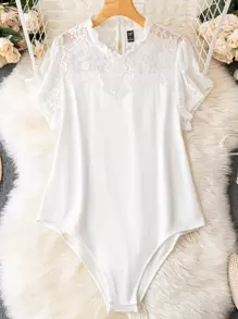 Calvaya Plus Contrast Lace Keyhole Back Bodysuit - White - View 1