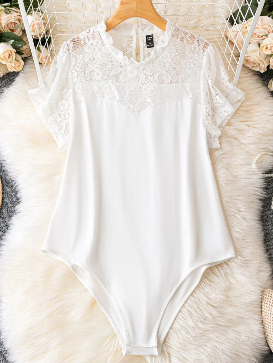 Calvaya Plus Contrast Lace Keyhole Back Bodysuit - White - View 1