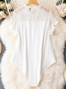 Calvaya Plus Contrast Lace Keyhole Back Bodysuit - White - View 2