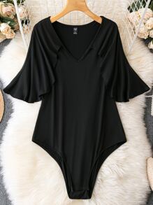 SHEIN LUNE Body ribete con fruncido de manga capa - Negro - Ver 1