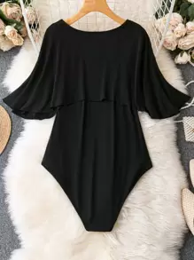 SHEIN LUNE Body ribete con fruncido de manga capa - Negro - Ver 2