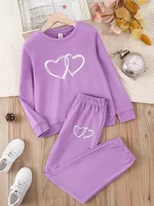 Girls Heart Print Sweatshirt & Joggers - Purple - View 1