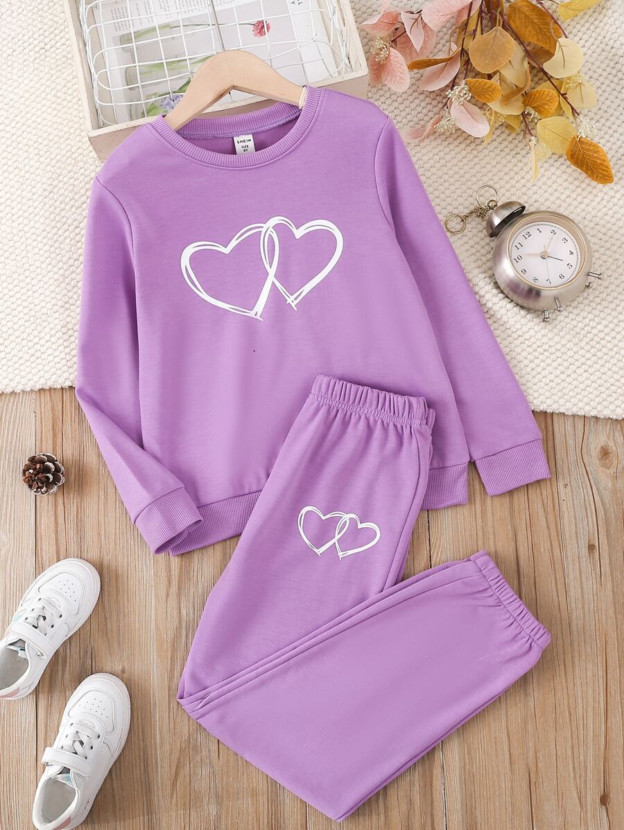 Girls Heart Print Sweatshirt & Joggers - Purple - View 1