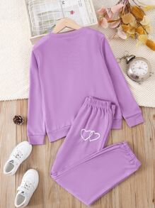Girls Heart Print Sweatshirt & Joggers - Purple - View 2
