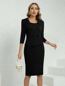 雙排釦方領連衣裙 - 黑色 - 查看 1