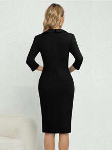 雙排釦方領連衣裙 - 黑色 - 查看 2