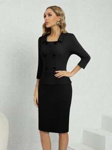 雙排釦方領連衣裙 - 黑色 - 查看 3