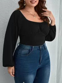 SHEIN Essnce 大碼胸部褶皺燈籠袖連體衣 - 黑色 - 查看 5