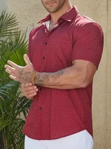 Manfinity Homme Áo sơ mi Nam Nút phía trước Chấm bi Công việc - Màu Đỏ Sâu - Xem 6