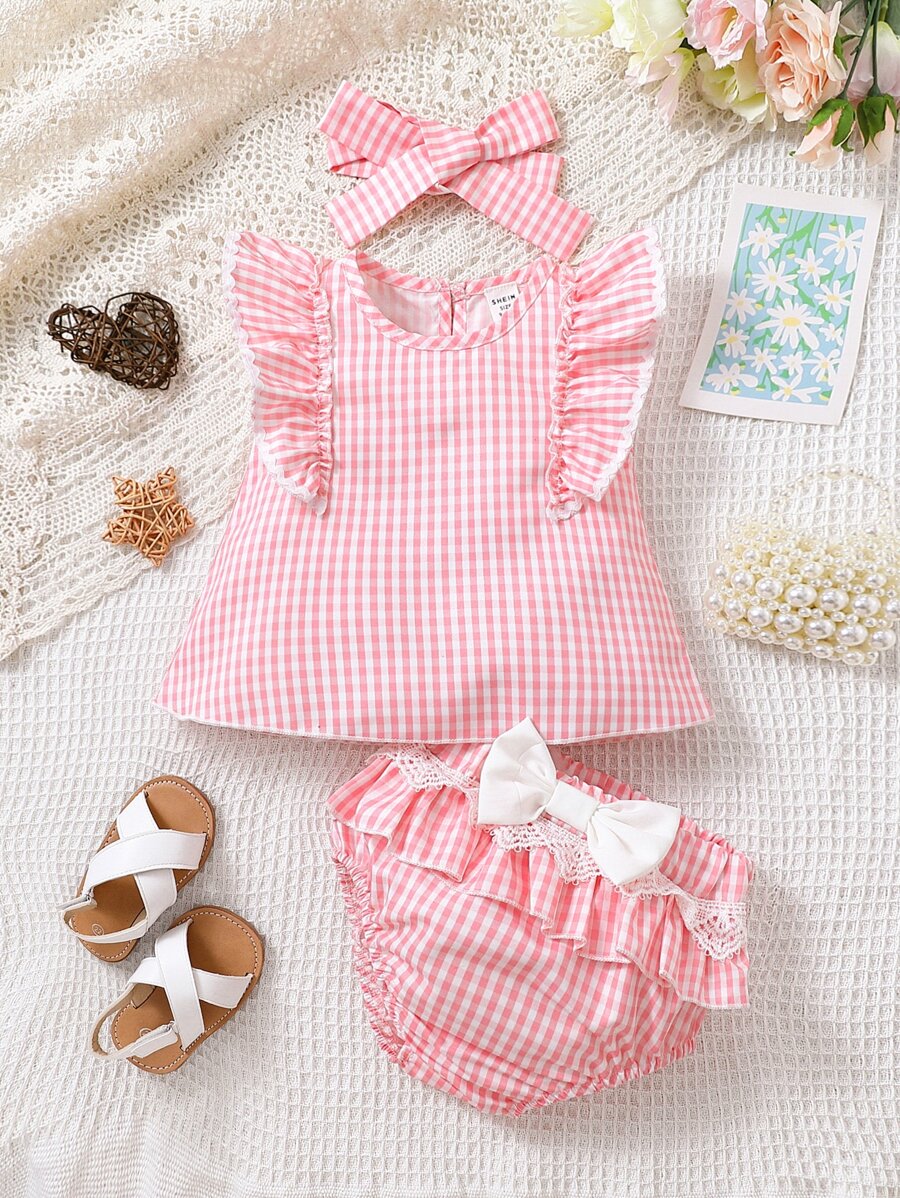 Bộ đồ Em bé Nơ Bướm Tương phản ren Xù Kẻ sọc - Hồng - Xem 1