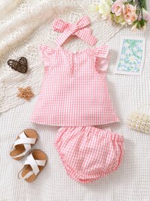 Bộ đồ Em bé Nơ Bướm Tương phản ren Xù Kẻ sọc - Hồng - Xem 2