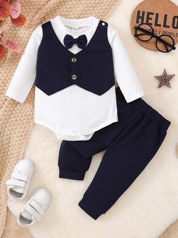SHEIN Baby Boy Two Tone Bow Front 2 In 1 Bodysuit & Sweatpants SHEIN USA