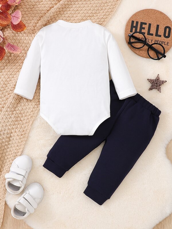 SHEIN Baby Boy Two Tone Bow Front 2 In 1 Bodysuit & Sweatpants SHEIN USA