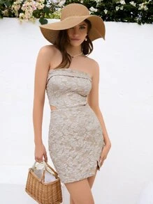 SHEIN VCAY Jacquard Cut Out Split Hem Tube Dress - Apricot - View 4