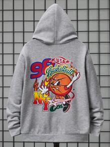 SHEIN 男孩卡通和字母圖案落肩袖連帽衫