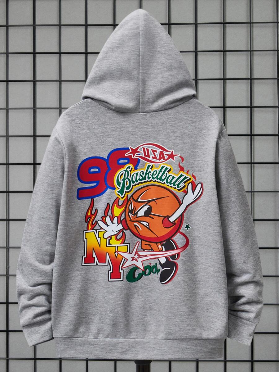 SHEIN 男孩卡通和字母圖案落肩袖連帽衫