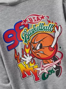 SHEIN 男孩卡通和字母圖案落肩袖連帽衫