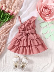 Baby Girl Asymmetrical Neck Ruffle Trim Swiss Dot Layer Hem Dress - Dusty Pink - View 1