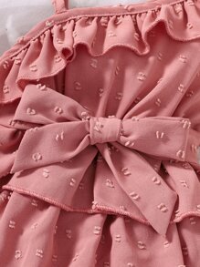 Baby Girl Asymmetrical Neck Ruffle Trim Swiss Dot Layer Hem Dress - Dusty Pink - View 3