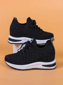 Lace-up Front Knit Detail Wedge Sneakers - Black - View 1