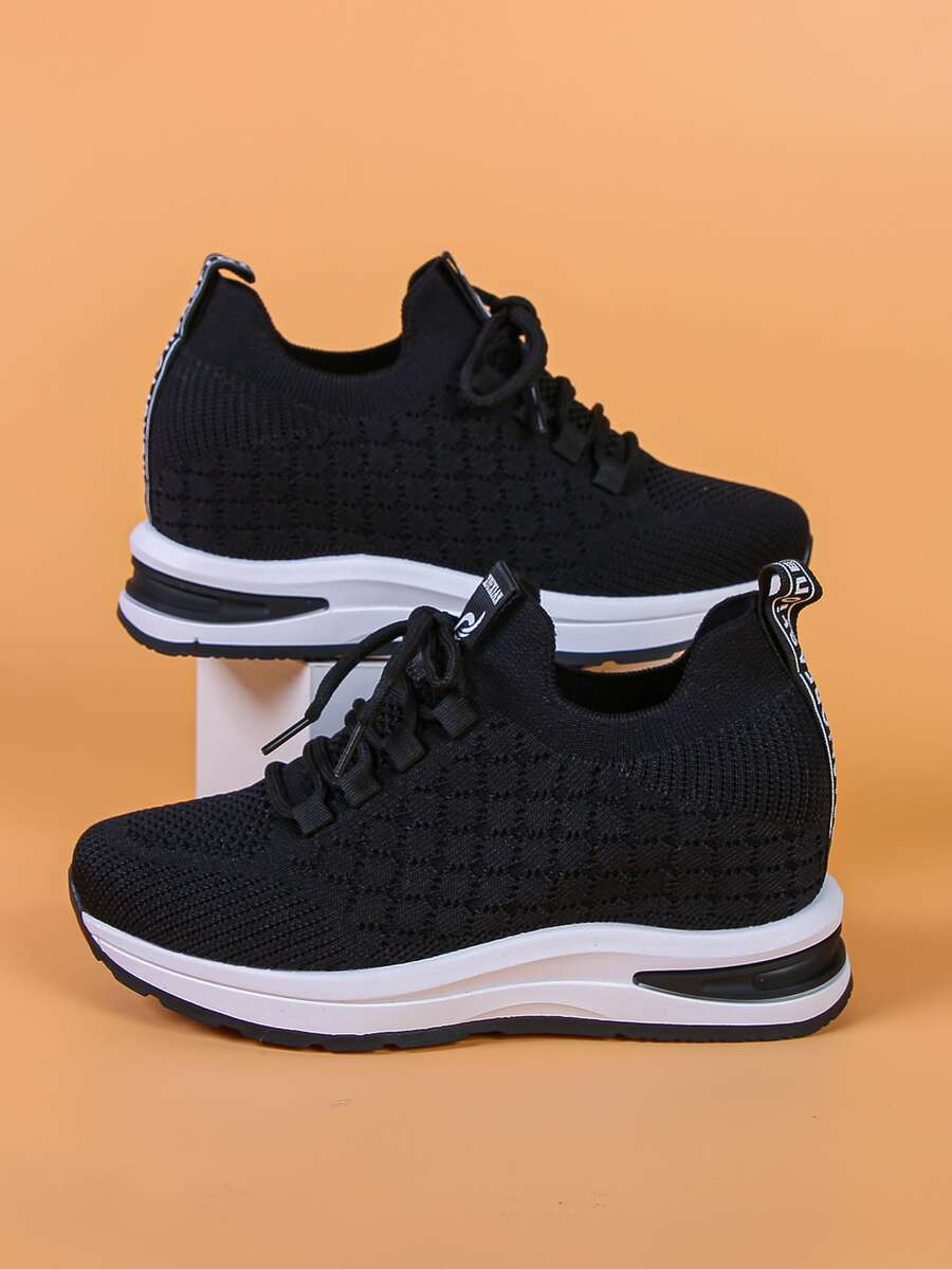 Lace-up Front Knit Detail Wedge Sneakers - Black - View 1