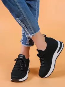 Lace-up Front Knit Detail Wedge Sneakers - Black - View 3