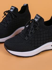Lace-up Front Knit Detail Wedge Sneakers - Black - View 4