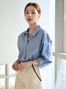 DAZY 纯色纽扣衬衫 秋季上衣 长袖 - 藍色 - 查看 5