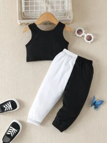 Bebé Top tank con estampado de mariposa & Pantalones deportivos de dos tonos - Blanco y Negro - Ver 2