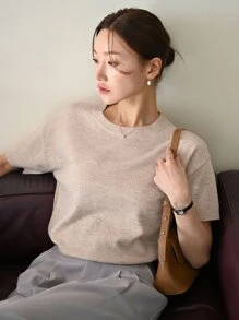 DAZY Solid Drop Shoulder Knit Top,Back To School Clothes - Khaki - View 3