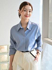 DAZY 纯色纽扣衬衫 秋季上衣 长袖 - 藍色 - 查看 1
