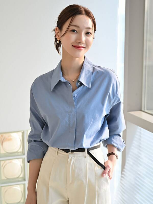 DAZY 纯色纽扣衬衫 秋季上衣 长袖