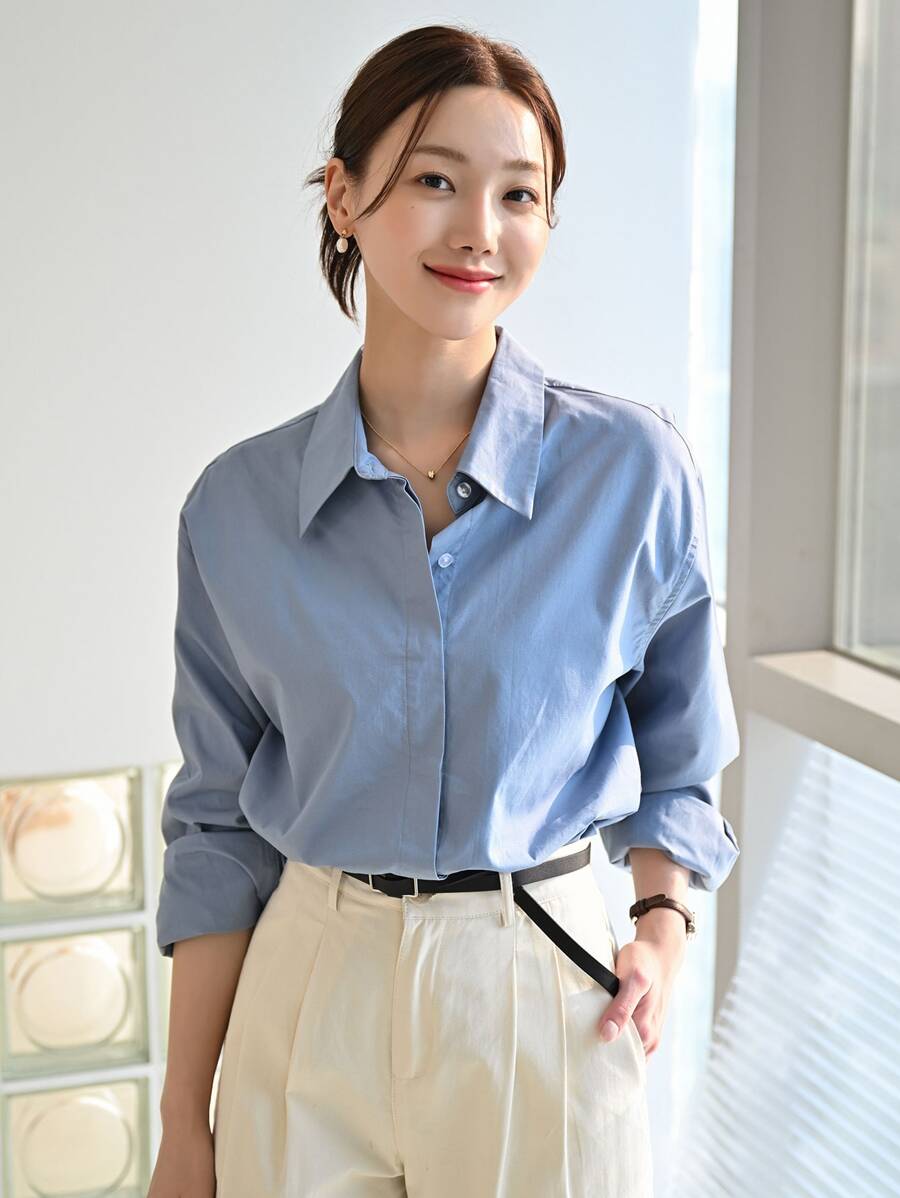 DAZY 纯色纽扣衬衫 秋季上衣 长袖 - 藍色 - 查看 1