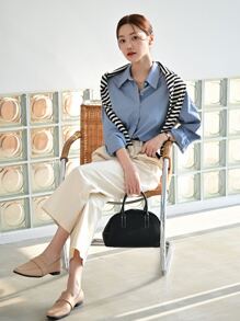 DAZY 纯色纽扣衬衫 秋季上衣 长袖 - 藍色 - 查看 7