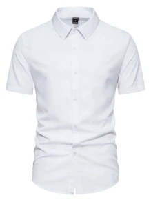Manfinity Mode Men Solid Button Up Shirt Short Sleeve Plain White Work Business Casual Shirt - White - View 3